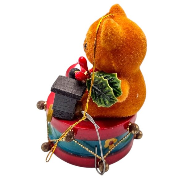 Vintage Flocked Teddy Bear Christmas Ornament With Drum & Train Toys Mini 2.5" - Picture 4 of 6